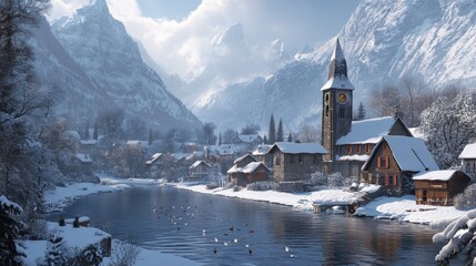 A peaceful Swiss village nestled in a snowy valley, surrounded by towering alpine mountains.