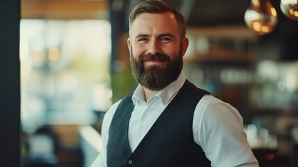 Fototapeta premium Charming male waiter serving drinks with a warm smile in a cozy restaurant setting.
