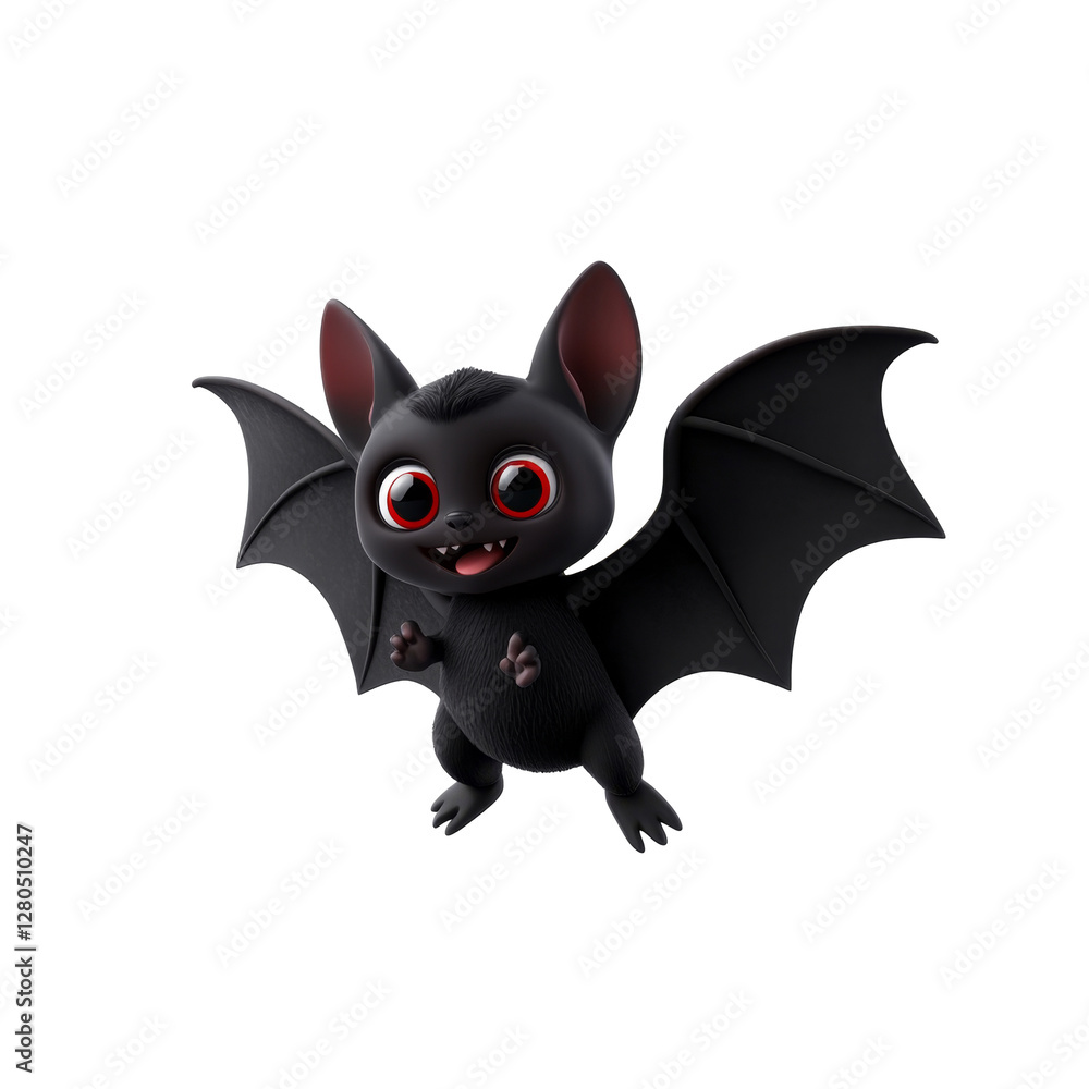 Poster adorable cartoon bat with big red eyes and wings extended displaying friendly expression