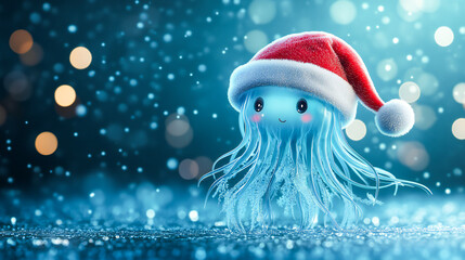 Jellyfish Cartoon Character Cute Blue Jellyfish wearing hat