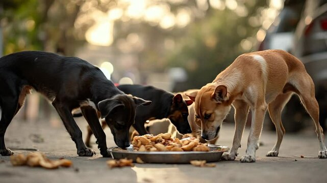 A group of stray dogs eating scraps on a city street, showing survival and companionship in an urban environment