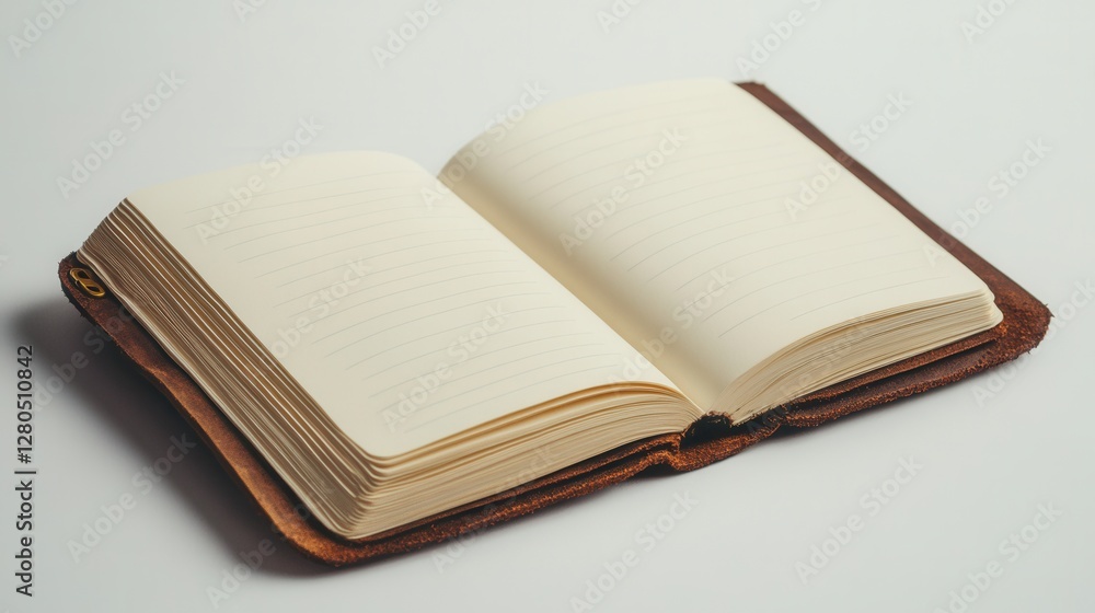Poster open blank notebook on a table ready for creative thoughts