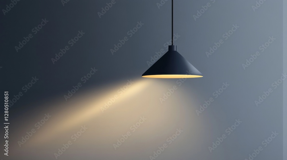 Poster A simple hanging lamp illuminates a calm room with a warm beam of light. The minimalist design highlights the beauty of shadows and shapes, creating a tranquil atmosphere