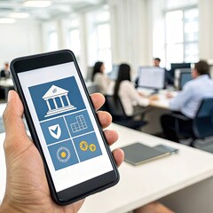 Mobile banking app interface in office setting Financial inclusion banking technology 