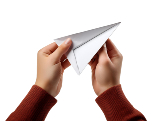 Hands are folding to make a paper airplane isolated on transparent background