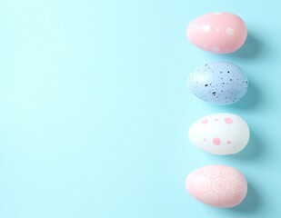 Flat lay composition with Easter eggs on color background