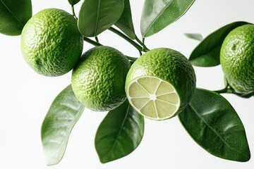 Fototapeta premium Fresh green limes on a citrus tree branch with one lime sliced in half revealing the juicy inside
