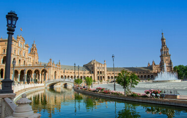 a beautiful blue sky in Plaza de España in Seville