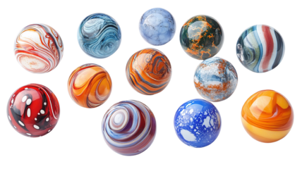 A marbled set of glass marbles in various colors, with red, orange, and blue streaks, isolated on a transparent background. The marbles vary in size and design,
