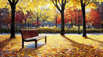 Autumn Park Scene with Vibrant Leaves and Empty Bench
