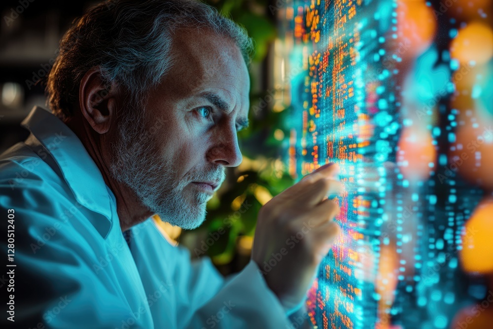 Poster a scientist meticulously examines a complex data stream, illuminated by vibrant, dynamic visuals.
