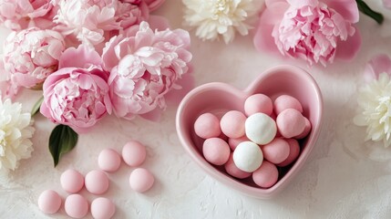 Obraz premium Pink and white candy in heart-shaped bowl with peony blossoms on textured surface