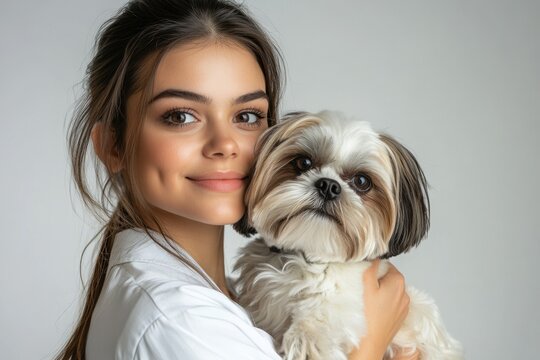 A young woman with a gentle smile embraces her fluffy Shih Tzu dog. - Powered by Adobe