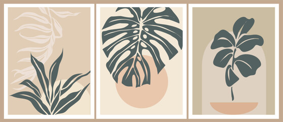 Set of Boho aesthetic abstract botanical wall arts. Trendy posters for Scandinavian, japandi interior design in neutral pastel colors. Bohemian collage prints. Mid Century Modern Vector illustrations.