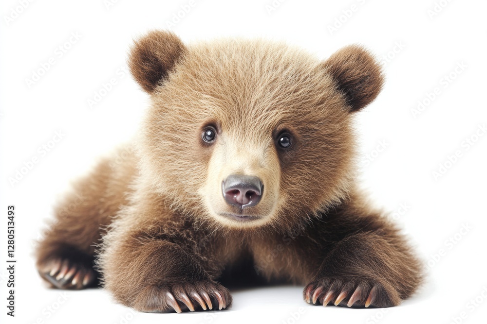 Aufkleber cute brown bear cub lying on a white background with soft fur and curious expression looking directl