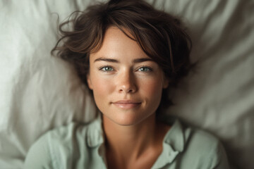 Relaxed woman lying in bed, looking serene and comfortable, symbolizing tranquility and self-care.