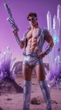 Vertical video of a portrait of a pin-up boy in space. Generative AI background  of a super heroine in a comic.