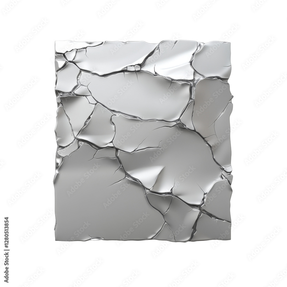 Poster shattered silver sheet with reflective fragments and irregular edges displaying unique patterns