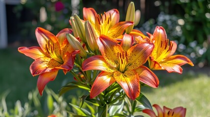 Naklejka premium Close-Up of Glowing Backyard Lilies: A Stunning Display of Nature's Beauty in Vibrant Petals