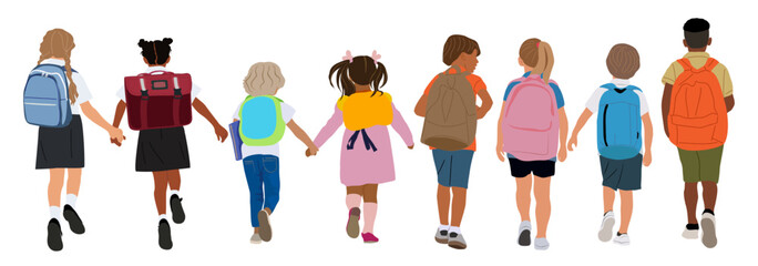 Set of school children, boys, girl going to elementary, primary school vector illustration isolated on transparent background. Happy pupils walking with backpacks rear view. Back to school concept.