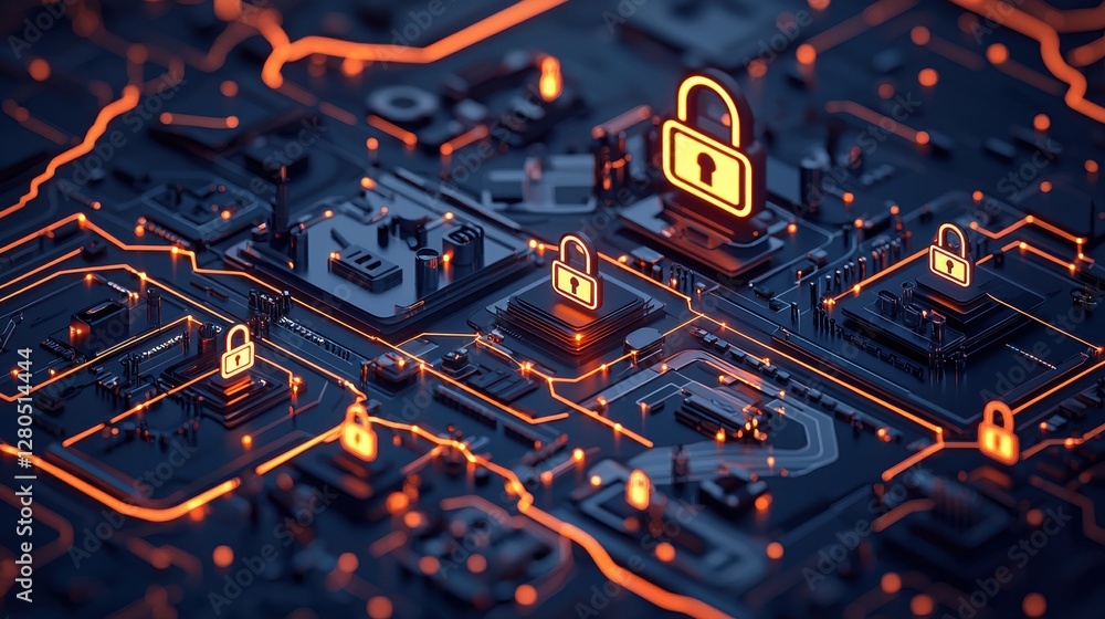 Poster a digital landscape depicting a network with glowing padlocks, symbolizing cybersecurity and data pr