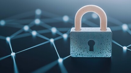 A digital padlock sits on a futuristic network background, symbolizing security and protection in cyberspace.