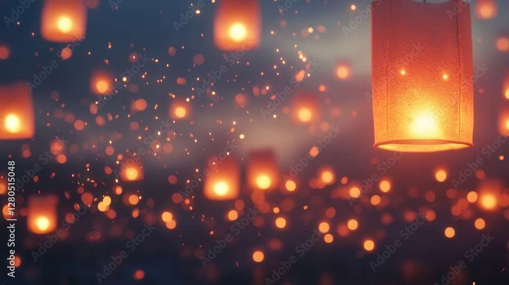 Poster floating lanterns in a twilight sky with sparkling lights display