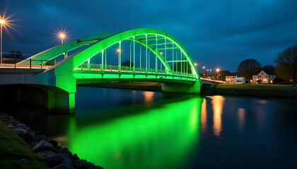 Obraz premium Vibrant Green Lights Reflecting on the River Suir, Bridge over the river Great Ouse, Bedford, created with generative ai