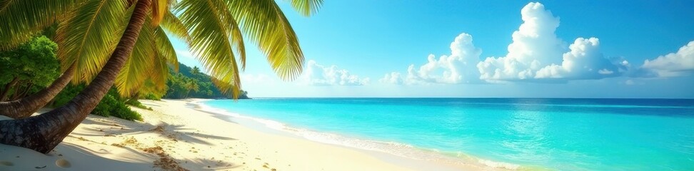 Obraz premium Golden sand meets azure ocean; palms sway gently , blue sky, background image, ocean panorama