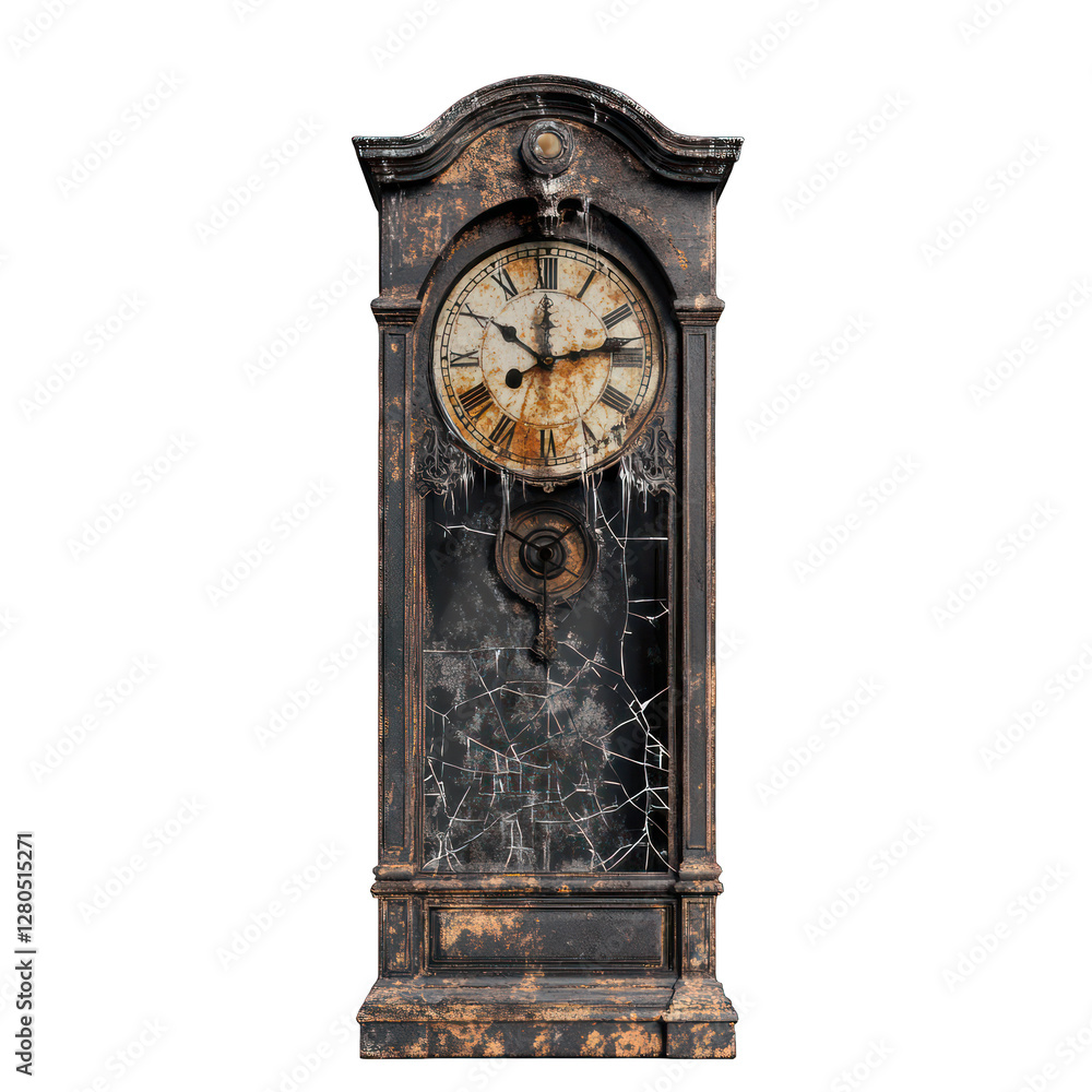 Poster rusty and broken haunted grandfather clock isolated on transparent background