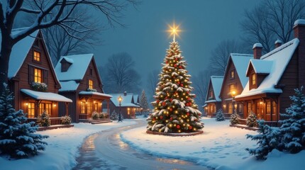 Naklejka premium Snowy Village Square Christmas Tree