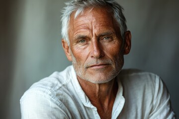 Obraz premium Close-up portrait of a mature man with gray hair, intense gaze, and thoughtful expression.