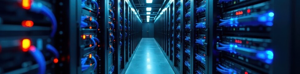 Neatly organized server racks, fiber optic cables, network switches , IT infrastructure, rackmount