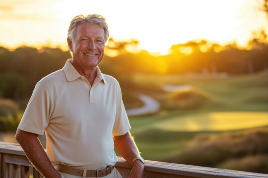 Happy senior man enjoying sunset at golf course, feeling peaceful and content.