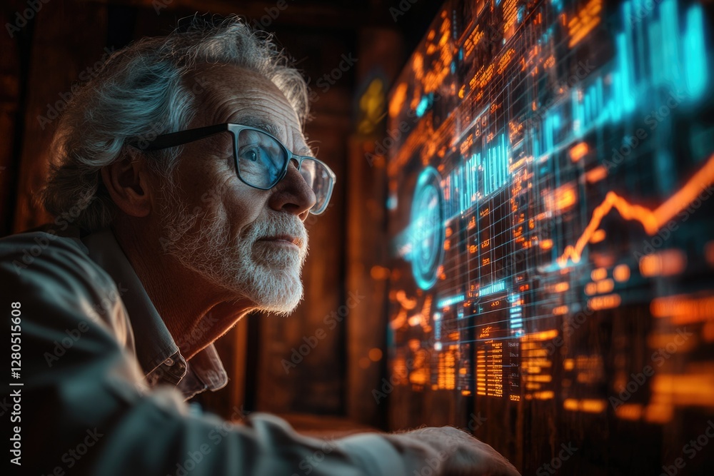 Poster an elderly man with glasses intently studies complex data displayed on a futuristic screen.