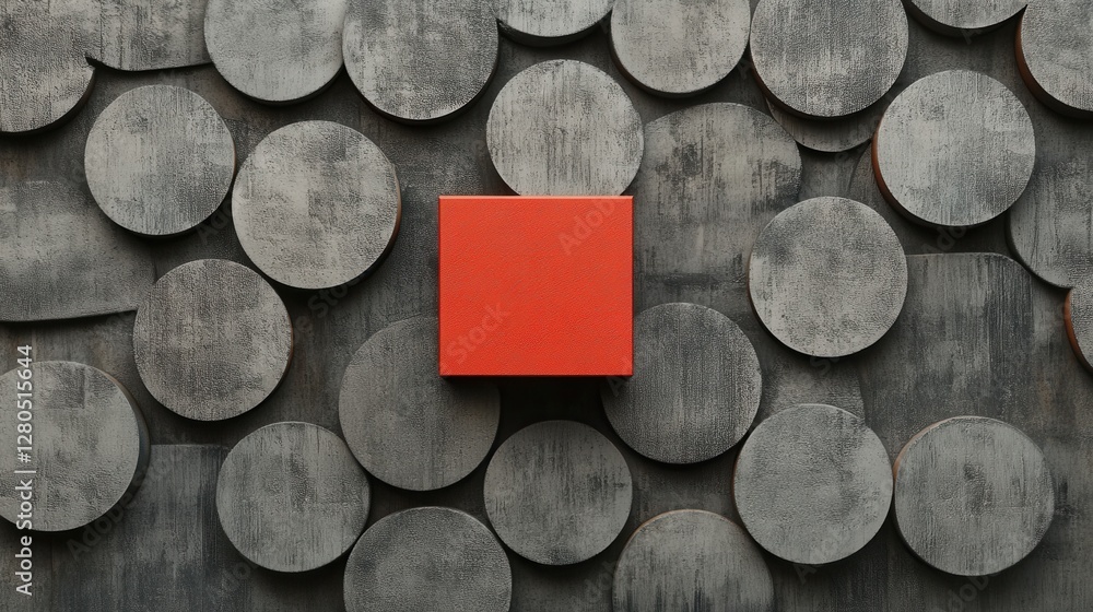 Poster red square box on gray circles background for creative concepts