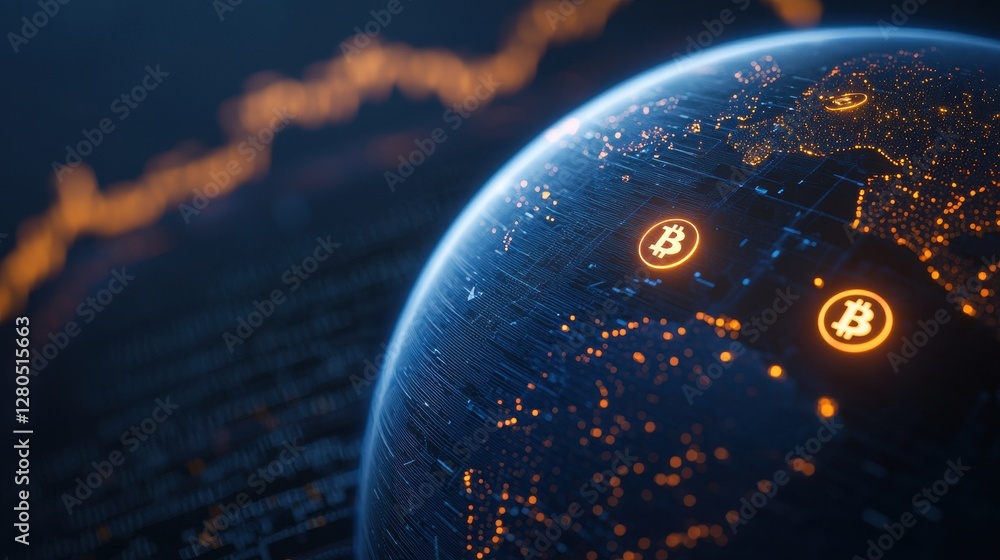 Poster a digital globe showcasing bitcoin symbols against a backdrop of global data trends, highlighting th