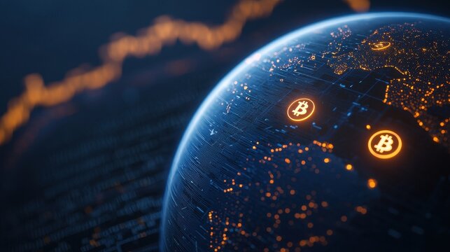 A digital globe showcasing Bitcoin symbols against a backdrop of global data trends, highlighting the connection between cryptocurrency and world markets.