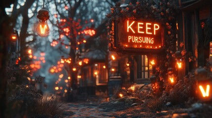 Obraz premium A magical street scene illuminated by glowing signs and lanterns, inviting passersby to keep pursuing their dreams.