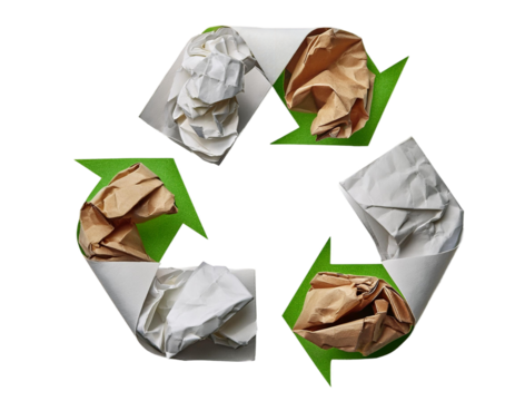 Crumpled paper waste isolated on transparent background with clipping path; recycling symbol