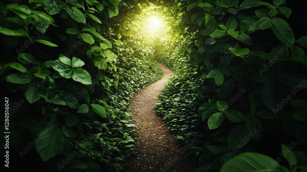 Poster a serene forest path illuminated by soft sunlight, surrounded by lush greenery, inviting exploration