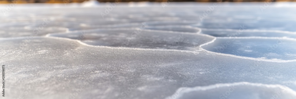 Poster close-up view of frozen ice patterns with hexagonal shapes on a winter lake surface