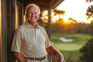 A happy senior man smiles warmly at sunset, enjoying the view from a porch overlooking a golf course.