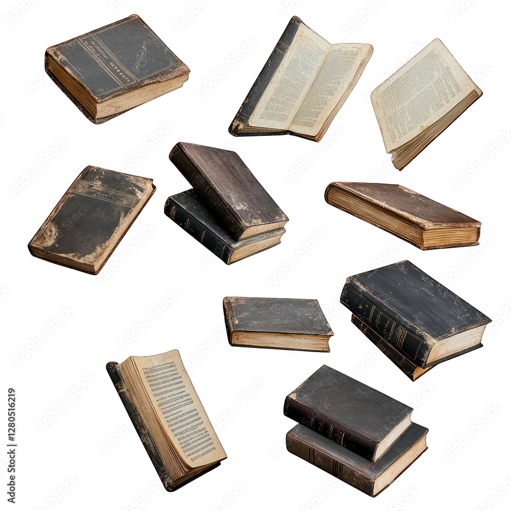 Poster set of eerie haunted library books floating isolated on transparent background
