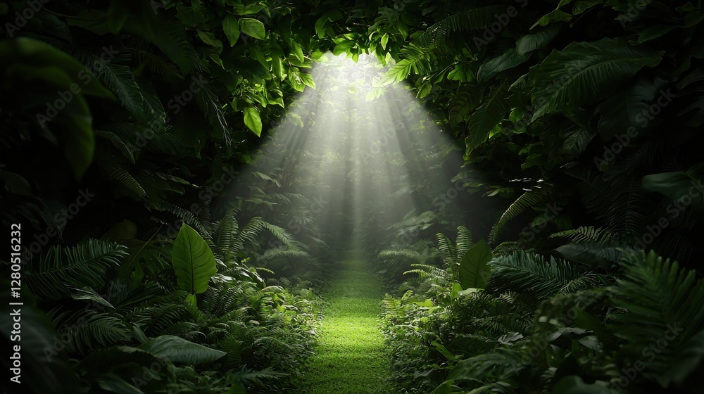 Poster a serene forest path illuminated by rays of sunlight filtering through lush green foliage, creating 