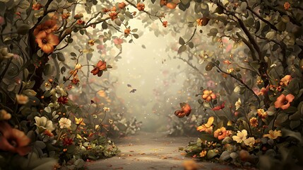 Autumnal Forest Path with Falling Flowers