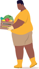Side View Of A Plus Size Black Man With Rubber Boot And Glove Carrying  A Wooden Crate Filled With Fresh Vegetable.