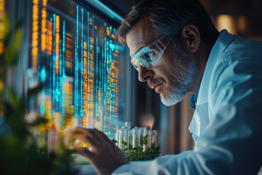 A male scientist in a lab coat examines genetic data on a large screen, likely conducting research in biotechnology or genomics.