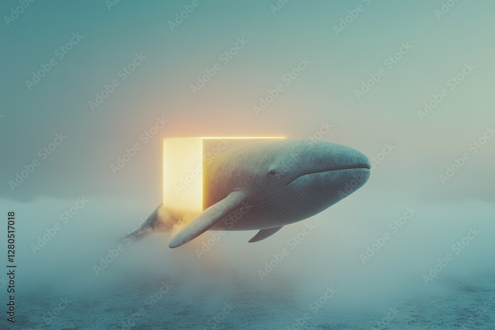 Poster surreal whale emerging from mist with glowing cube in a fantastical underwater setting