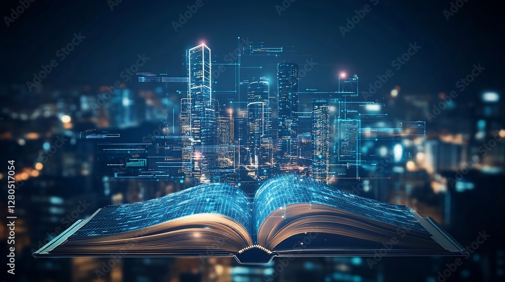 Poster a book with a cityscape hologram is creating a visual representation of technology and knowledge